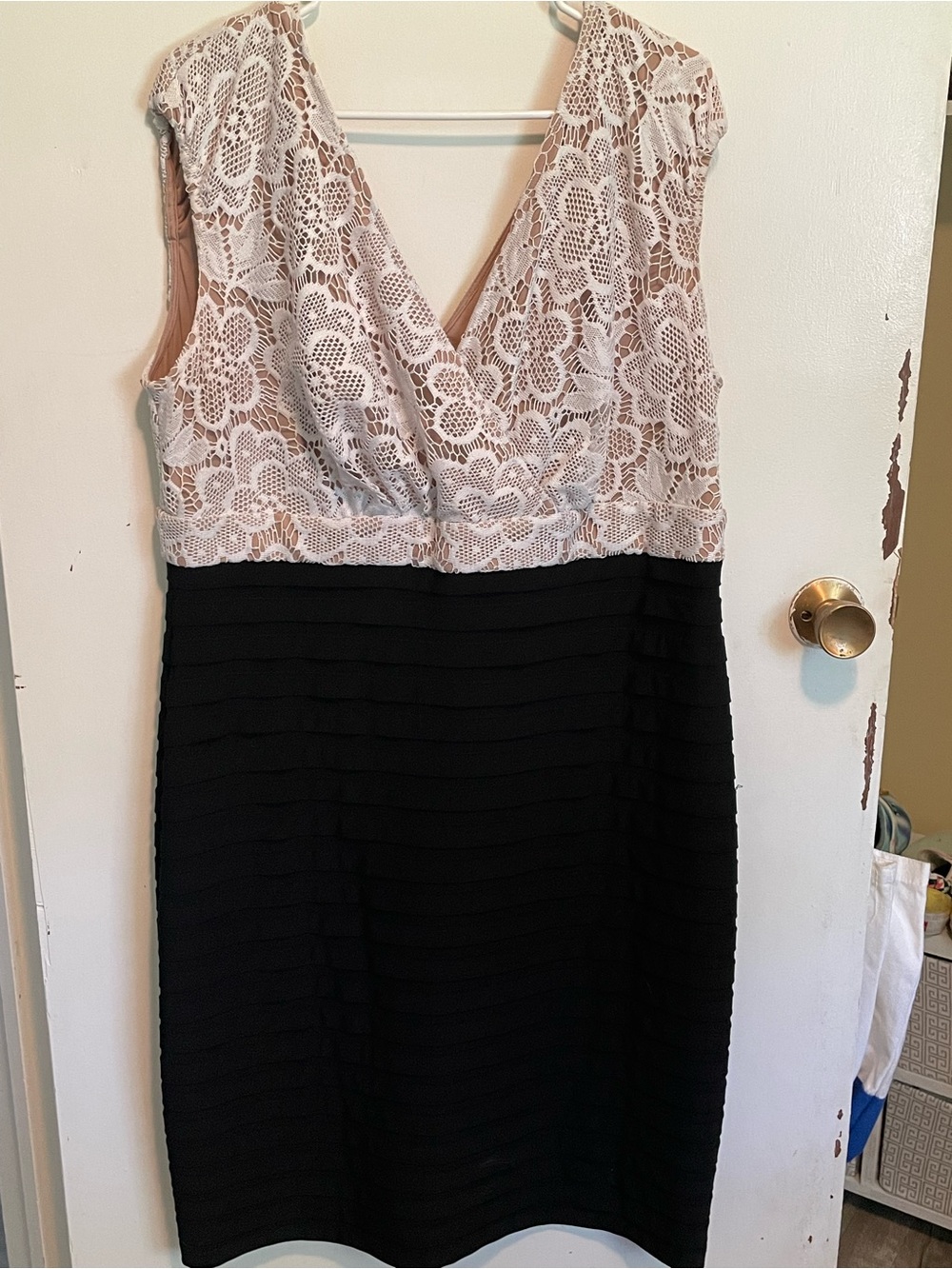V-Neck Lace Bodice Black & Cream Sheath Dress
